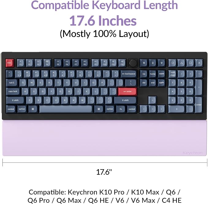 Keychron Silicone Wrist & Palm Rest, 17.6" Full Size for K10 Pro / K10 Max / Q6 / Q6 Pro / Q6 Max / Q6 HE / V6 / V6 Max / C4 HE, Washable, Non-Slip Base, Typing Support, Light Purple