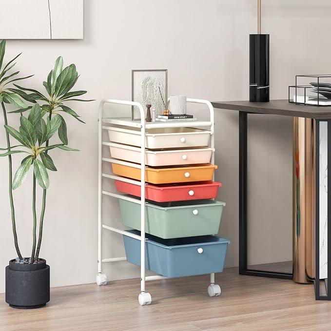 COSTWAY 6-Drawer Rolling Storage Cart, Art Craft Tools Organizer on Wheels | Multifunctional Heavy Duty Utility Mobile Storage Trolley w/ 2 Lockable Wheels for Home Office School (Macaron)