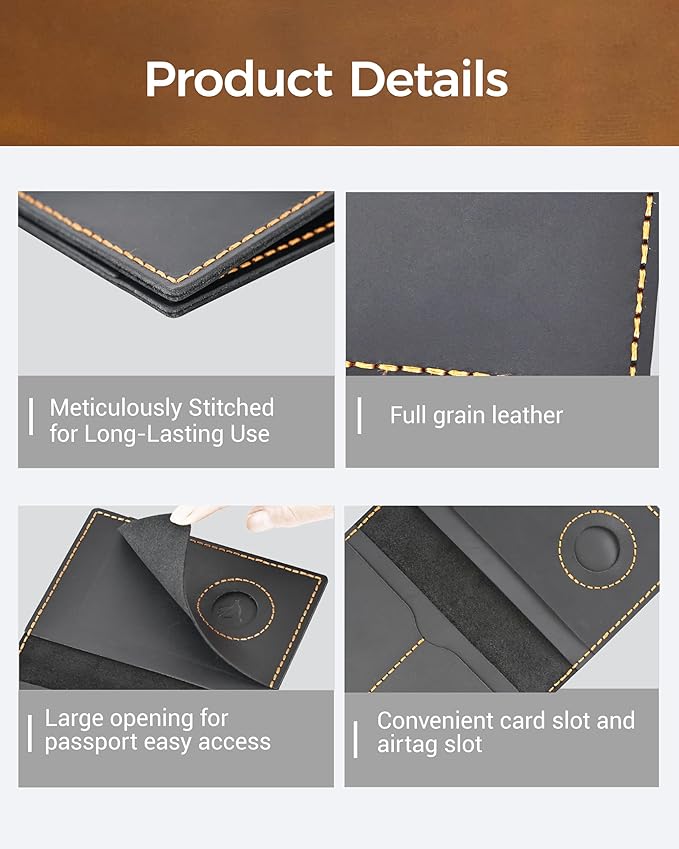 Passport Holder for Travel, Genuine Leather Passport Wallet Cover Case with Airtag Slot, RFID Blocking, for Women Men, Travel Essentials Gift, Black