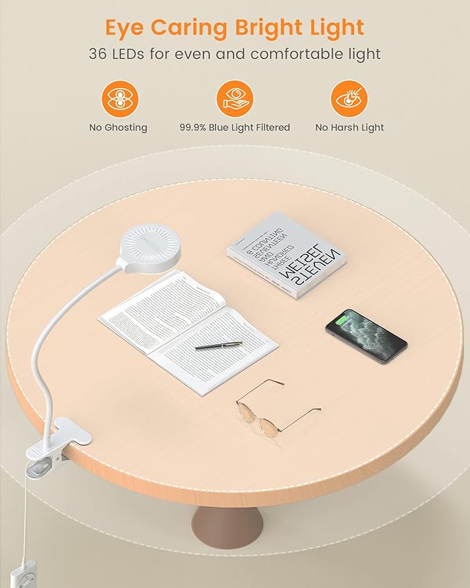 Glocusent 5W 36 LED Reading Clip on Light for Bed, Eye Caring Bed Lamp, 3 Colors & 5 Brightness Levels for Headboard with Adapter, Perfect for Reading, Working & Studying (White with Remote)