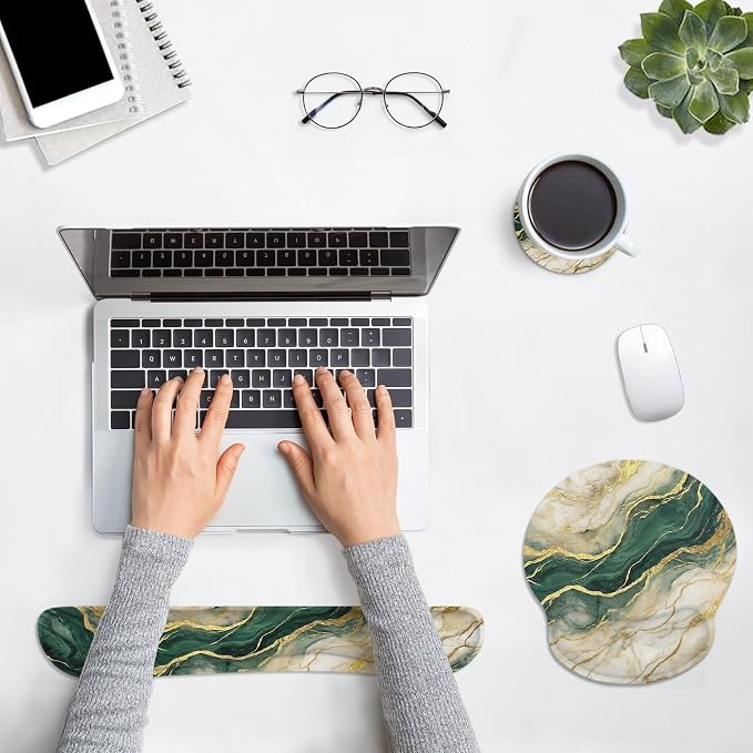 Ergonomic Mouse Pad Set with Wrist Rest, Gold Green Marble | Abstract Non-Slip Rubber Base Wrist Cushion Support and Coasters Mousepad with Wrist Support for Computer Keyboard