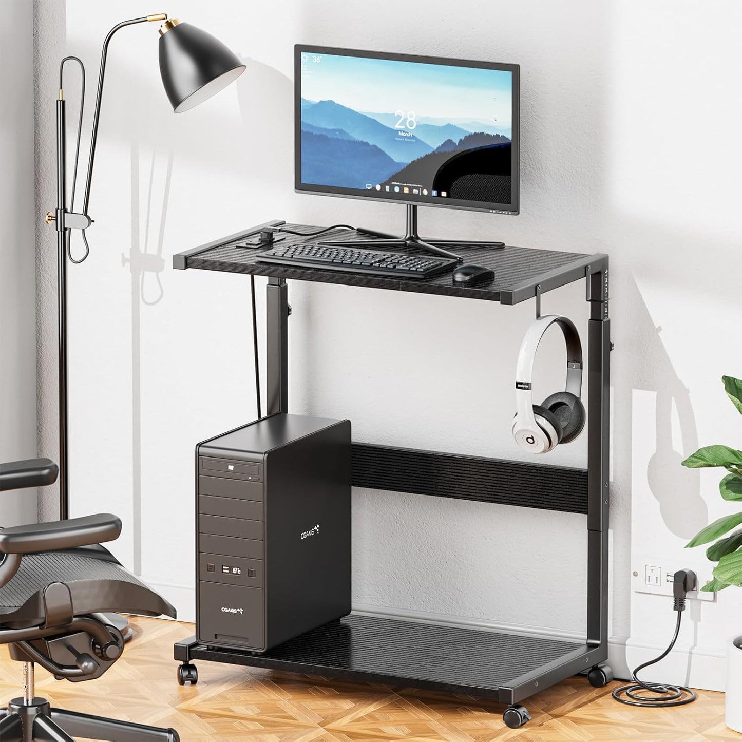 JANE EYRE PC Tower Stand - Adjustable Computer Tower Stand with Charging Station CPU Holder with Wheels for Home Office Gaming, Upgraded Larger Size 25.9" to 34.9" Height
