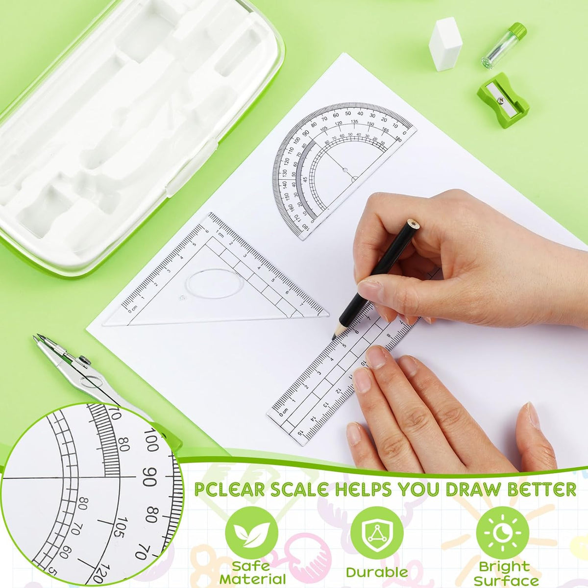 Teling 12 Sets Math Geometry Kit for Students 10 Pcs Compass Geometry Tools Set Includes Rulers Protractor Compass Eraser Pencil Sharpener Lead Refills Pencil (Green)
