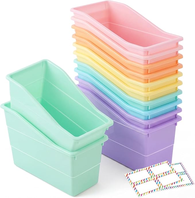 Blosssound 12 Set Book Bins for Classroom Stackable,Pastel | Plastic Baskets with Labels, Slanted Front, Library Supplies Organizers, Desktop Storage Bins, Teachers Home School Use