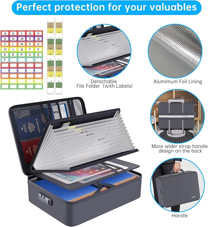 ENGPOW Fireproof Document Organizer Bag with Lock ＆ Accordion File Folder | 5200℉ Multi-Layer File Organizer Box with Lock ,Heat Insulated, Water Resistant, Safe Storage for Home Office Travel, Gray