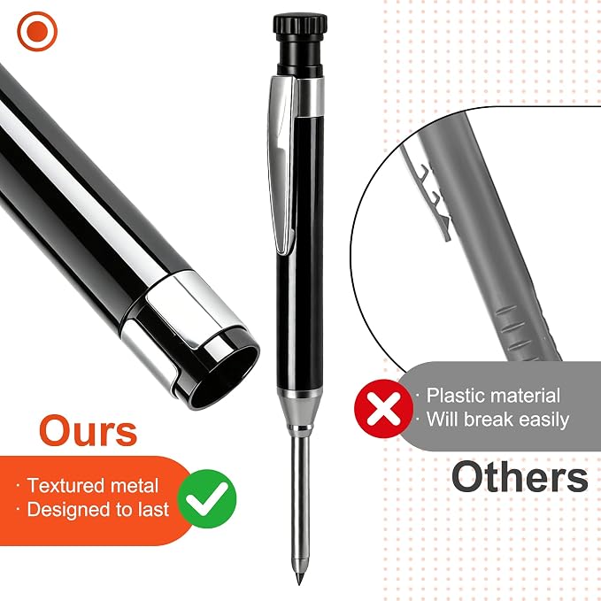 YEVEETTE 2.8mm Carpenter Pencils with 7 Refills, Built-in Sharpener Long Nib Deep Hole Construction Pencil, Metal Drafting Pencil Set for Carpenter Scriber Woodworking Architect (Black)