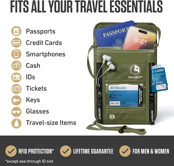 VENTURE 4TH Travel Neck Wallet, RFID Blocking Passport Holder - Green