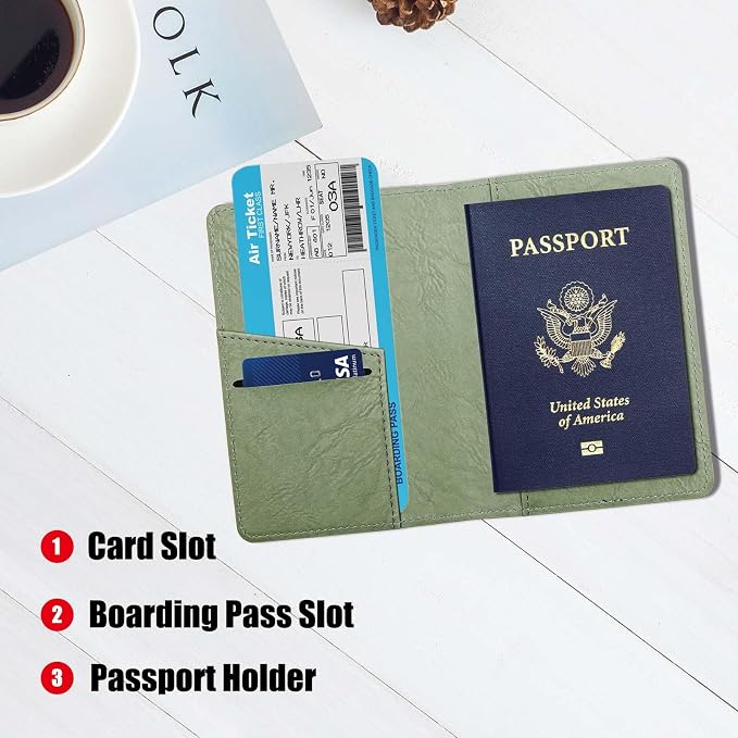 Cnycmy Passport Holder–Slim Travel Organizer for Passport, RFID Blocking,Boarding Pass, Credit Cards | Vegan Leather & Anti-Theft Design (Moss Green5)