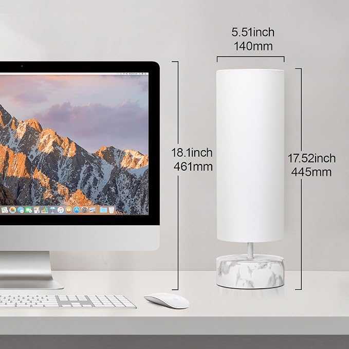 Touch Table Lamp with Marble-Grain Metal Base, 3 Way Dimmable Bedside Lamp | Modern Minimalist Desk Lamp with White Shade, Nightstand Night Light for Bedroom Living Room Home Office, LED Bulb Included