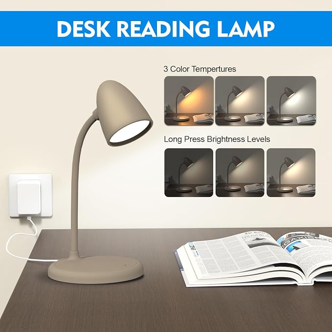 LED Desk Lamp for Home Office,Dimmable Table Lamp 3 Light Colors | Reading Light for Bedside Small Desk Lamp for College Dorm Room,Bedroom Desk Light,Brown