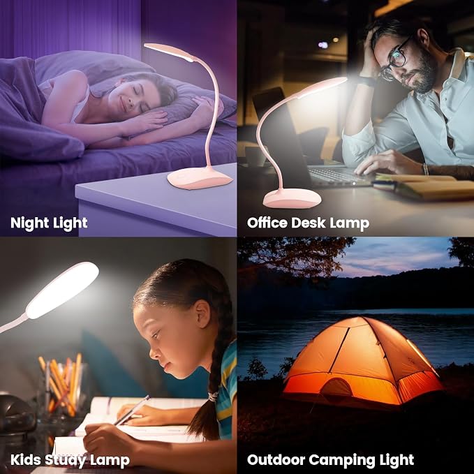 Portable Battery Powered Desk Lamp Small Rechargeable LED Table Light | 400 Lumen Eye Care,3 Color Temperatures,Stepless Touch Dimming,360° Adjustable for Nail Study Dorm Office Bedroom,Pink 1 Pcs