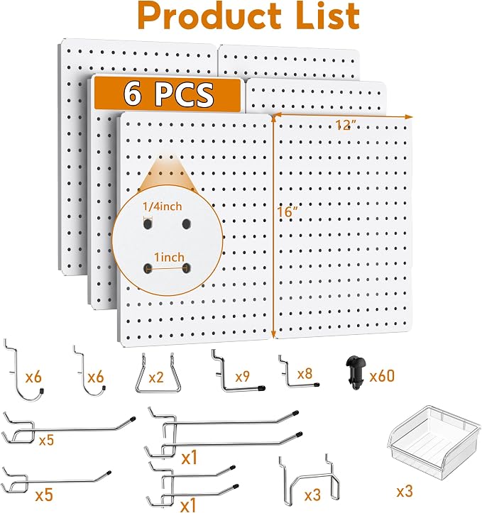 Peg Board, 112pcs Metal PegBoard Organizer with Accessories, 6 Pack 16'' x 12'' White Pegboard Panels with Hooks, Wall Organizer for Craft Room,Sewing Room,Office,Garage,Kitchen