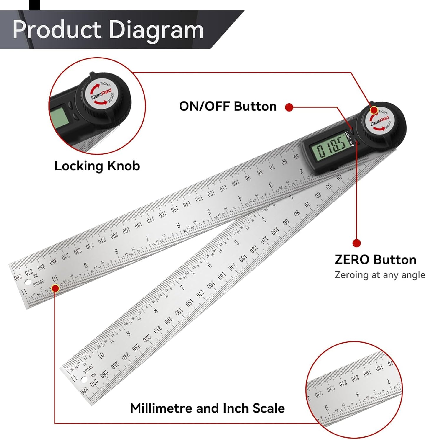 GemRed 82305 Digital Angle Finder Protractor (Stainless steel 300mm)