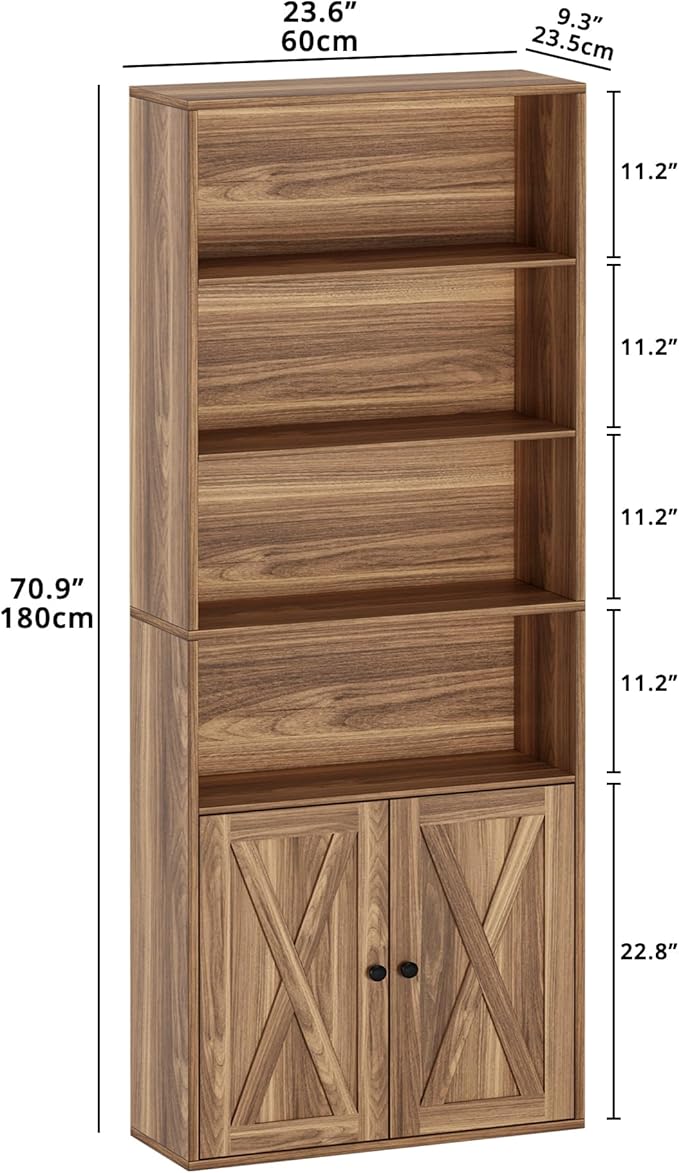 IRONCK Industrial Bookshelves and Bookcases with Doors Floor Standing 6 Shelf Display Storage Shelves 70 in Tall Bookcase for Home Office, Living Room