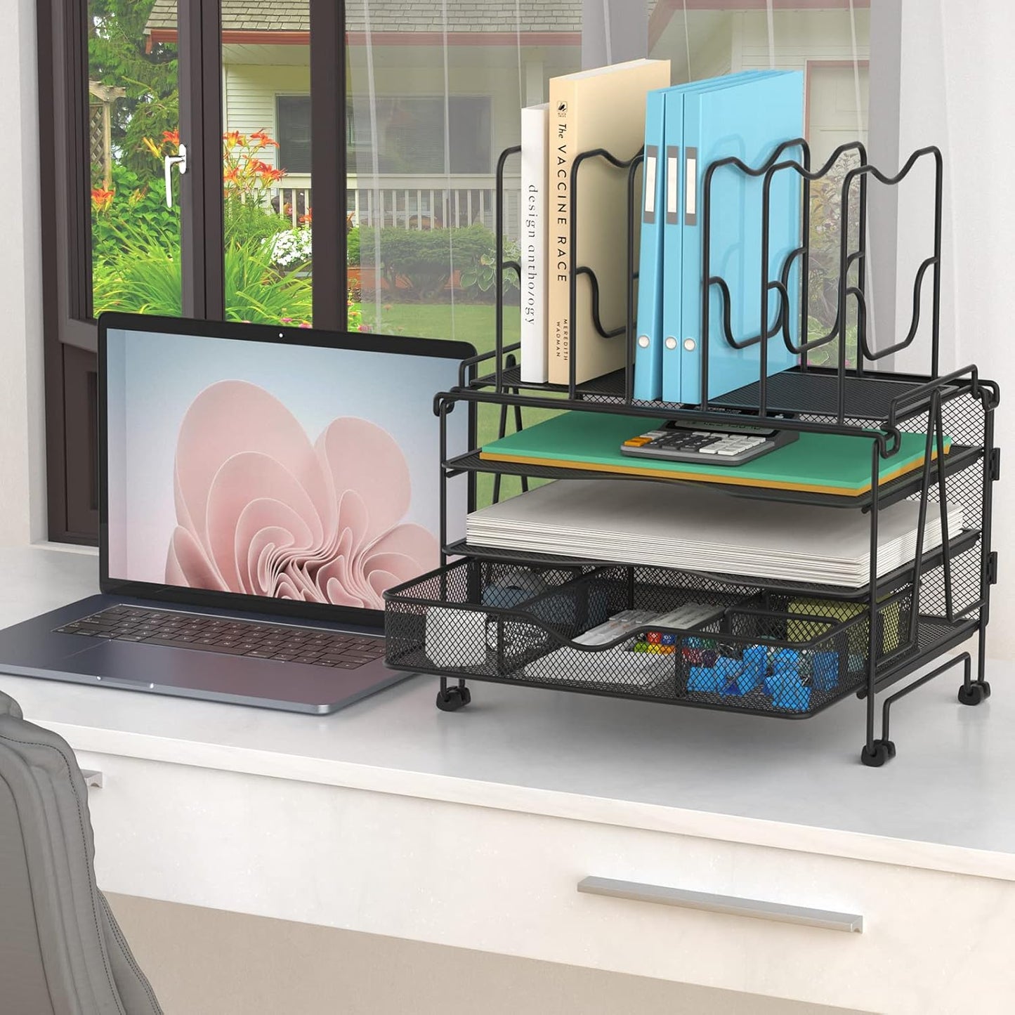 Mesh Desk Organizer, 3-in-1 Desktop Organizer with 3 Tier Tray and 5 Upright Sections, File Organizer for Desk with Sliding Drawer, Black