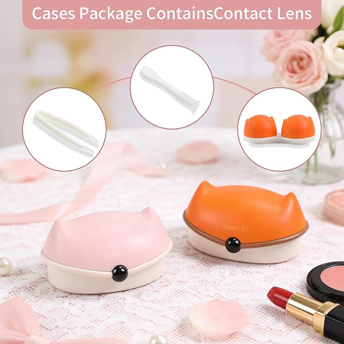 Contact Lens Case, 2 Pack Cute Fox Portable Eye Contacts Travel Box with Mirror Colored Lenses Applicator Remover Tool Kit Solution Bottle for Daily Makeup Office Outdoor (Pink+Orange)