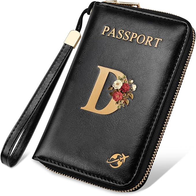 Passport Holder for Travel Personalized Wallet with Wristlet Women | Passport Cover, RFID Blocking, Passport Book Holders, Back Coin Pocket, Zipper Closure, Roses Initial Letter, Black D