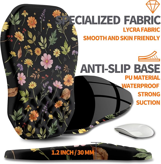 Ergonomic Slope Mouse Pad Wrist Support, Wrist Rest Mousepad for Carpal Tunnel Pain Relief with Massage Bulge and Slow Rebound Memory Foam (12x8 inch, Flowers and Leaves)