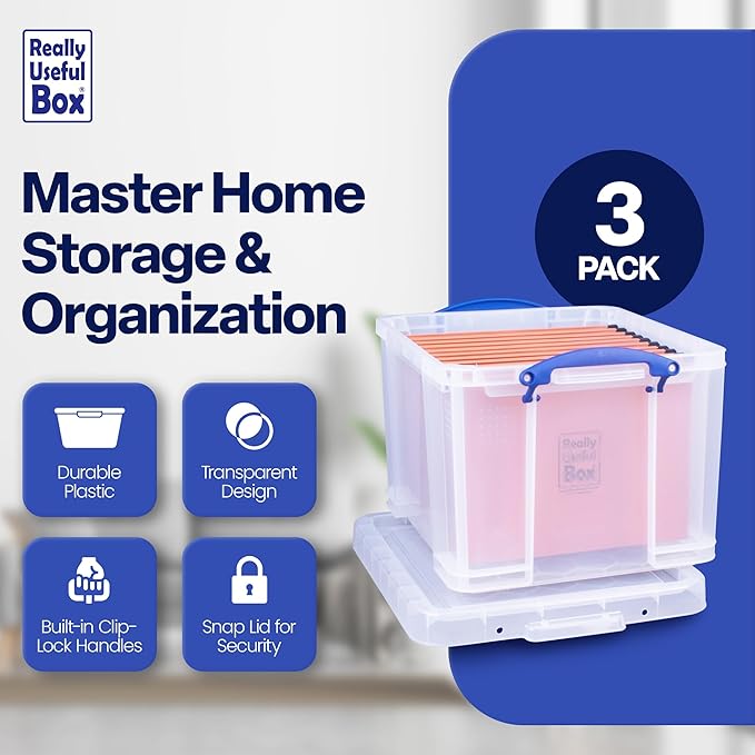 Really Useful Box 32 Liters Storage Bin Container with Snap Lid and Clip Lock Handles for Lidded Home and Office Storage Organization, 6 Pack