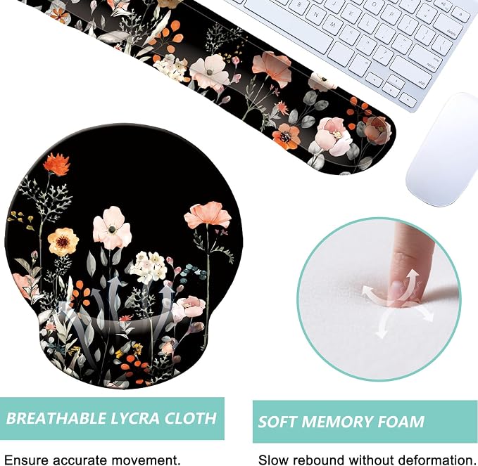 Keyboard Wrist Rest Pad Mouse Pad with Wrist Support Set of 3, Mousepad with Non-Slip Rubber Base, Ergonomic Memory Foam Mouse Wrist Cushion Support for Home Office Laptop Computer, Flower Black