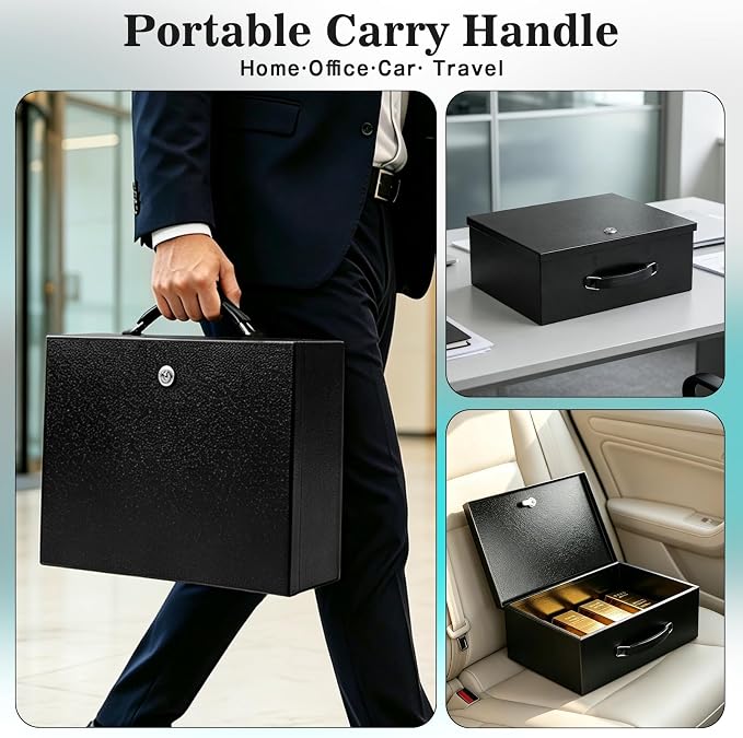 xydled Fireproof Document Box with Key Lock, Fire Safe Box, Black | Fire and water resistant lock box for documents, passports, cash and valuables, keeping secure at home, 13.2 x 11 x 5.1 Inch