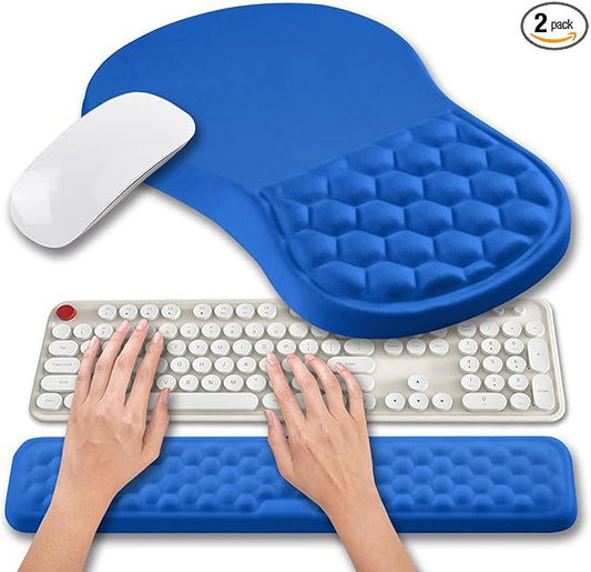 Hokafenle 2 in 1 Ergonomic Mouse Pad Wrist Support & Wrist Rest for Computer Keyboard Set, with Relieve Carpal Tunnel Pain Massage Bulge and Full Memory Gel Design (2In1 Set, Dg Blue)