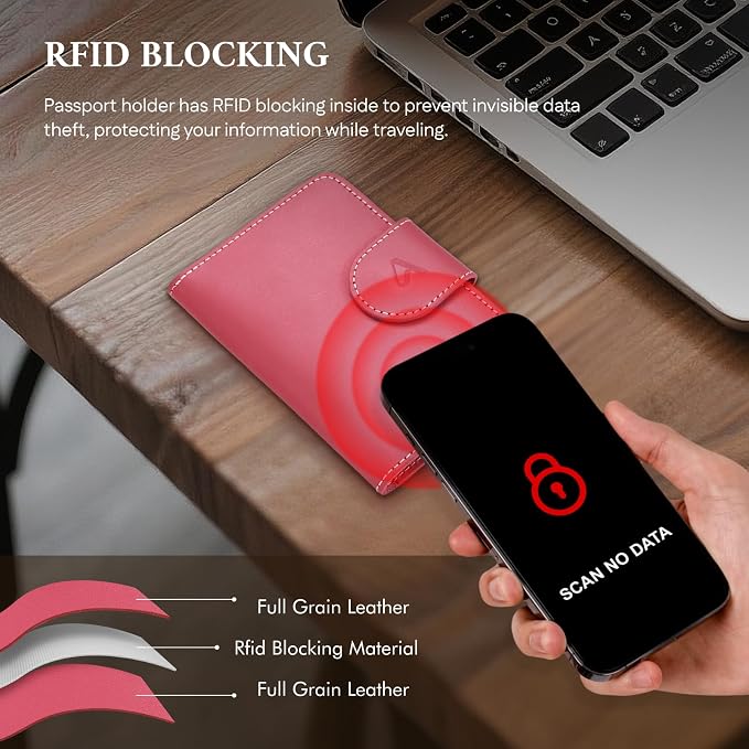 ALLIVE Rfid Passport Holder for Travel Women, Rfid Passport Cover Wallet, Genuine Leather Passport Holder for Travel with AirTag Hidden, Airport Essentials, Travel Gifts (Rose Pink)