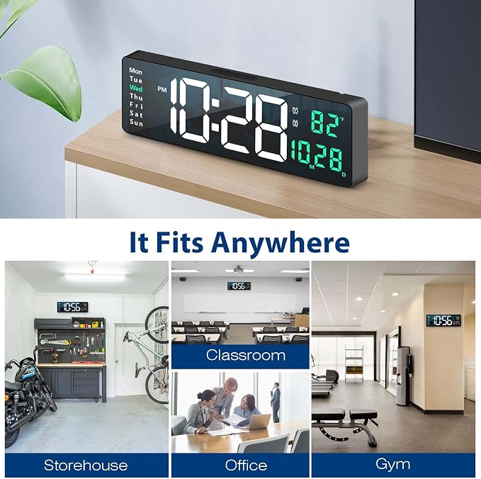 Digital Wall Clock Large Display, 16" with Remote Control for Living Room Gym Shop Warehouse Office Garage Decor, Auto Brightness Dimmer Reloj De Pared with Date Week Temp (Green)