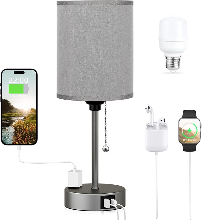 Small Bedside Table Lamp for Bedroom, Desk Lamp with USB Ports for Dorm | USB A+C Ports, AC Outlet, 3 Color Temper, LED Bulb Included, Grey Fabric Shade & Matte Metal Base, 14" Tall Night Stand Lamp
