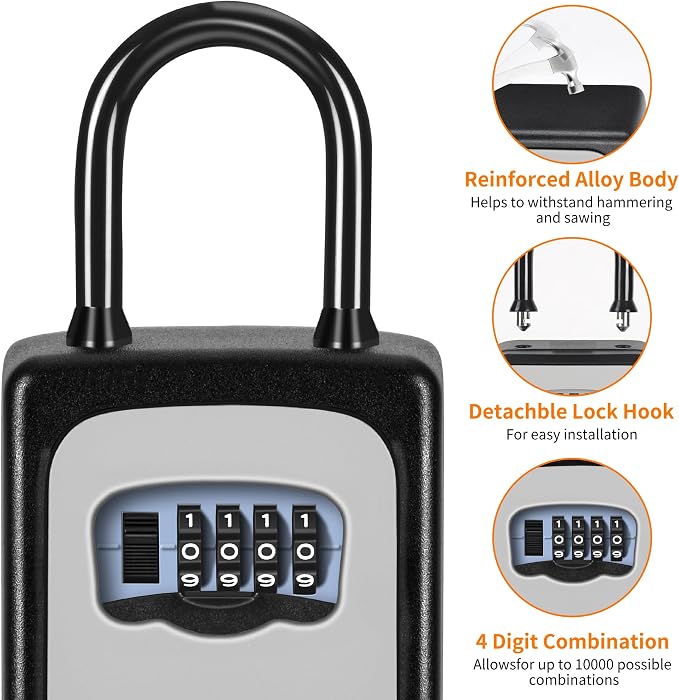 Portable Key Lock Box, Upgrade Clearly Visible Numbers, Lock Box Wall Mounted for House Key, 5 Key Capacity, Weatherproof Resettable Code (4 Pack, Grey)