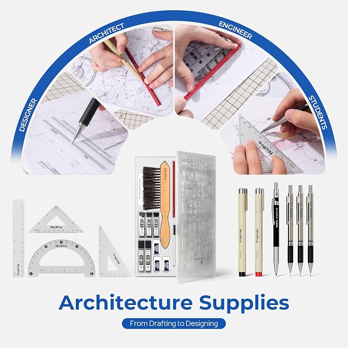 Nicpro 30PCS Professional Drafting Tools & Geometry Set with Case, Architect Protractor Set, Metal Mechanical Pencils, Pen, Scale Ruler Metal Ruler, 5 Drawing Templates for Interior Design House Plan