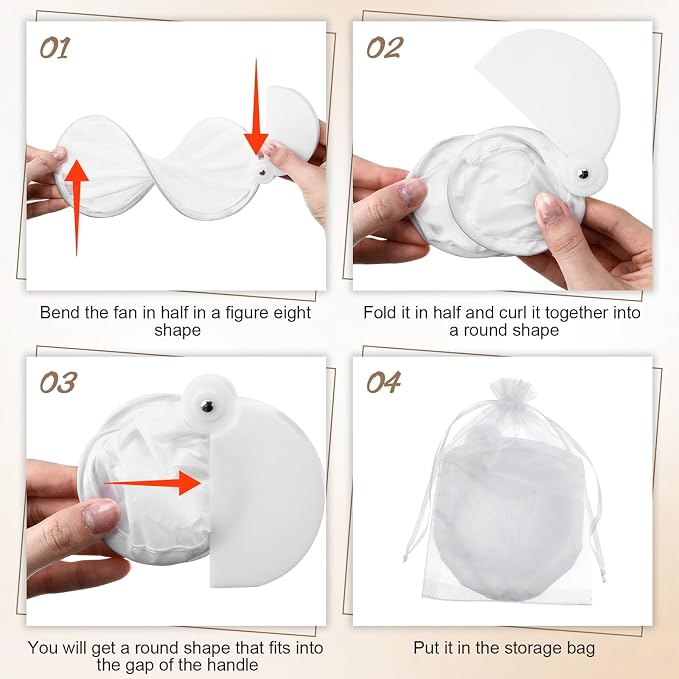 Roowest 2 Pcs 7.87“ Round Sublimation Blank Foldable Fan with Bag Polyester Colored Portable Handheld Compact Fold up Flying Disc Fans for Summer Wedding Graduation Party Favor (White)