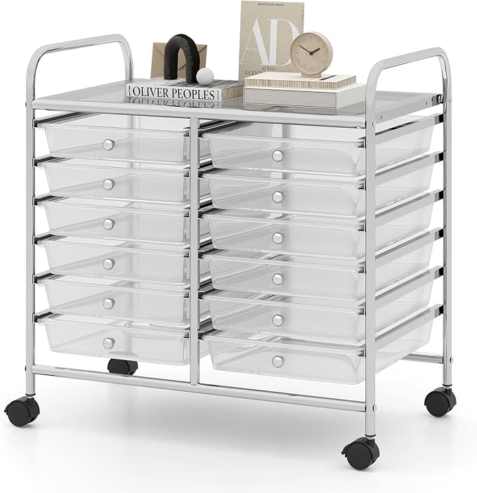 RELAX4LIFE 12-Drawer Rolling Storage Cart - Mobile Utility Cart on Wheels for School Classroom Teacher Office Salon, Paper File Art Supply Craft Organizer, Rolling Cart with Drawers (Clear)