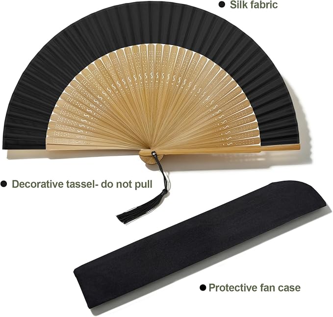 EOSAU Bamboo Hand Fan Foldable 8.3 Inch, Portable Folding Fan with Pouch for Church Wedding Makeup, Small Decorative Cooling Fan for Women (Black/Bamboo Frame)