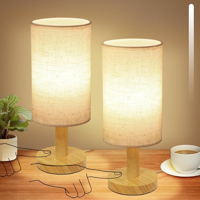Small Touch Table Lamps Set of 2 with Stepless Dimming&USB Plug, Natural Round Wood Base & Linen Fabric Shade |Soft Ambient Night Light |Minimalist Boho Bedside Lamp for Bedroom,Nursery,Kitchen,Dorm