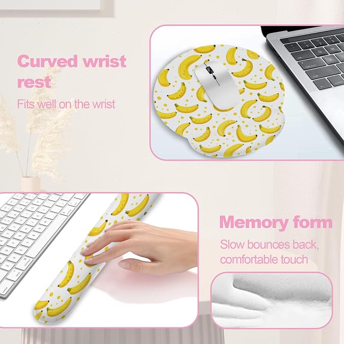 Cute Banana Mouse Pad with Wrist Rest Set, 3-in-1 Wrist Support Mousepad Set, Gaming Mat Pad with Anti-Skid Base,Ergonomic Memory Foam Mouse Pad Set for Women, Office, Typing, Gaming