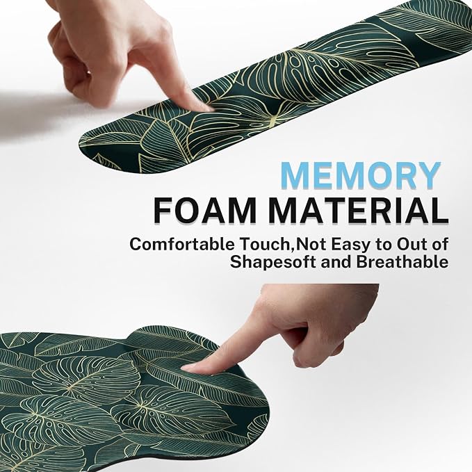 Ergonomic Mouse Pad Set with Wrist Rest, Green Palm Leaves | Tropical Botanical Non-Slip Rubber Base Wrist Cushion Support and Coasters Mousepad with Wrist Support for Computer Keyboard