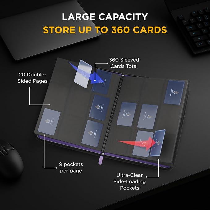 Card Guardian - 9 Pocket Premium Black Binder with Zipper for 360 Cards - Side Loading Pockets for Trading Card Games TCG (Purple)
