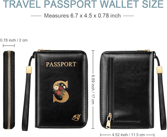 Passport Holder for Travel Personalized Wallet with Wristlet Women | Passport Cover, RFID Blocking, Passport Book Holders, Back Coin Pocket, Zipper Closure, Roses Initial Letter, Black S