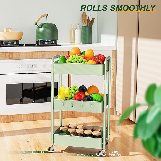 LEHOM 3 Tier Rolling Cart, Metal Rolling Utility Cart with Lockable Wheels | Multi-Functional Heavy Duty Storage Cart Organizer for Bathroom, Kitchen, Office, Living Room, Rolling Storage Trolley