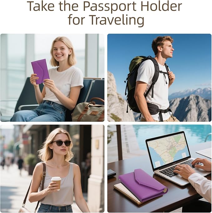 Passport Holder Travel Wallet Organizer for Women,Aubergine Purple | RFID secure, 6 card slots, 32 sim pockets, passport holder with zip-around wallet, slim fit for women travelers.