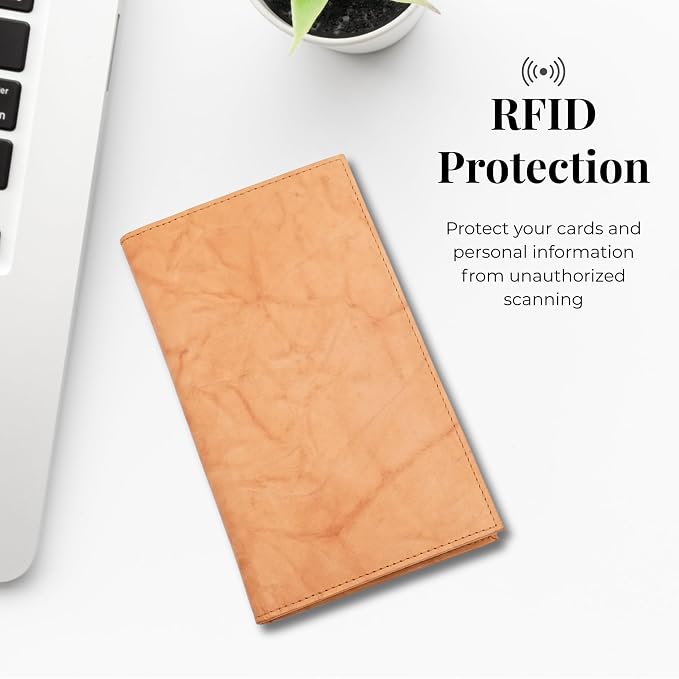 20 Card Wallet for Men, Long RFID Leather Credit Card Holder, Tan | 2 Bill Compartments | ID Window | Open Bifold | Organized Carry | Jacket Friendly