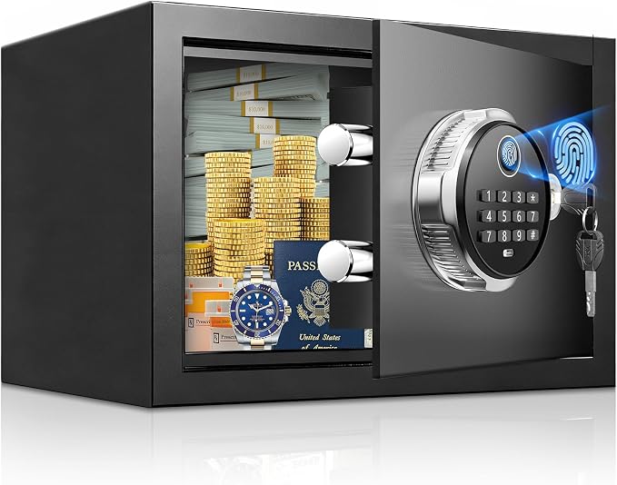 Small Smart Biometric Safe Box for Home, (6.5"D x 7"W x 6.5"H) | Mini Safes with Anti-Theft Dual Alerts, Mute Mode, Digital Security Money Safe for Cash, Jewelry, Business(without Shelf)