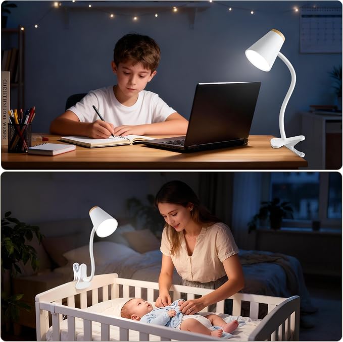 EJIAXIN Clip on Desk Lamp for Home Office - Small LED Touch Dimmable Reading Light for College Dorm Room - Adjustable Flexible Gooseneck Clamp Light Table Lamp for Bedside Bedroom Bed Headboard White