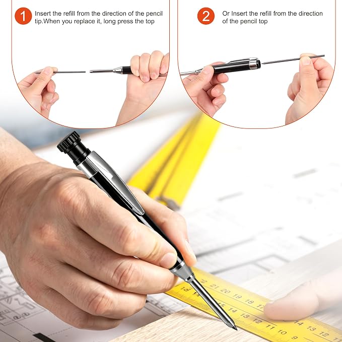 YEVEETTE 2.8mm Carpenter Pencils with 7 Refills, Built-in Sharpener Long Nib Deep Hole Construction Pencil, Metal Drafting Pencil Set for Carpenter Scriber Woodworking Architect (Black)