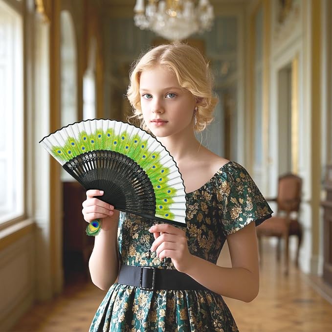 EOSAU Hand Fans for Women Foldable - Bamboo Silk Folding Fan Handheld, Fans for Line Dancing Wedding, Portable Bridal Party Favor, Elegant Church Performance Gift (Peacock Grey)