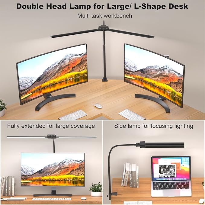 Desk lamp,Double Head LED Desk Lamp with Clamp,Architect Desk Lights for Home Office,Eye-Caring Desktop Office Lamp 4-Brightness 4-Color Table Lamp for Monitor Workbench Study Reading | Eye-Caring Desk Lights for Home Office Monitor Computer Workbench,...