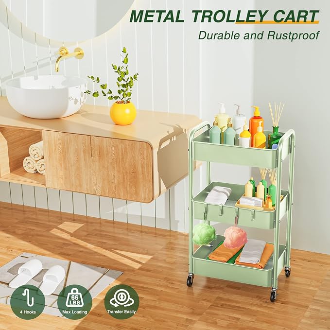 LEHOM 3 Tier Rolling Cart, Metal Rolling Utility Cart with Lockable Wheels | Multi-Functional Heavy Duty Storage Cart Organizer for Bathroom, Kitchen, Office, Living Room, Rolling Storage Trolley