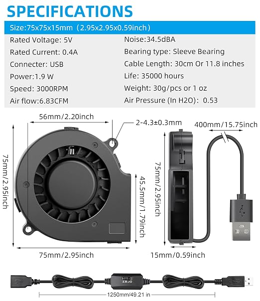 Wathai 75mm x 15mm USB Blower Cooling Fan 5V DC Turbo Small Fan DIY Cool | DC Brushless Turbo Small Computer Case Blower Fan for Cooling Electronics, Hard Hat, Helmet, and DIY Projects