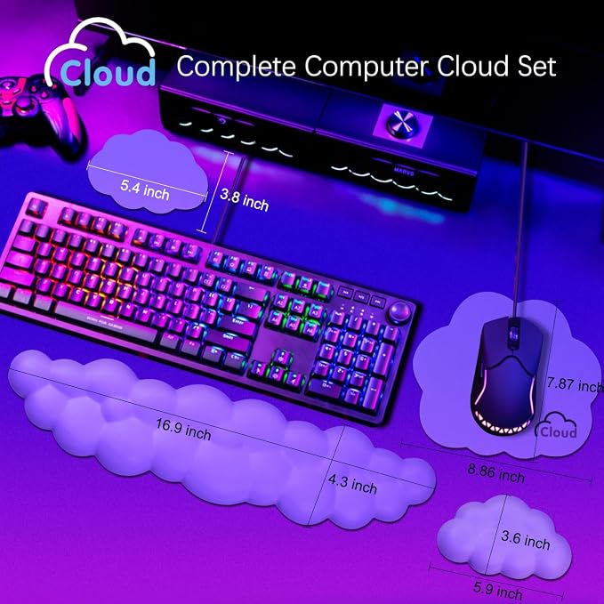 4 in 1 Ergonomic Leather Cloud Wrist Rest Keyboard and Mouse Pad & Coaster | Full 4-Piece Set, Non-Slip PU Base, Soft Memory Foam Comfort For Long Work/Gaming Hours, Cute Desk Decor, Easy To Clean